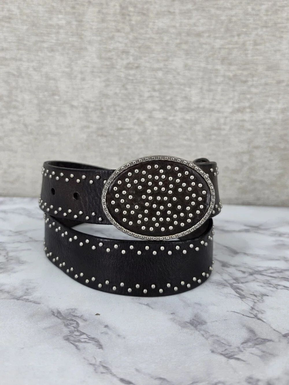 Preston & York Studded Dark Brown Leather Belt with Oval Silver Toned Buckle